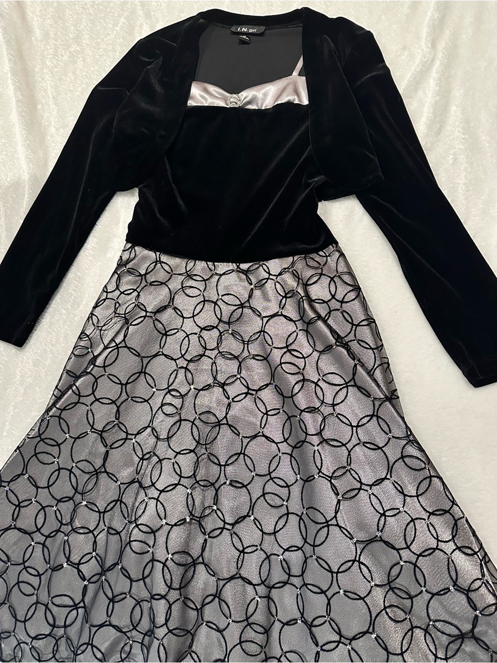 Girls' Black Velvet Top with Silver Circle-Pattern Formal Dress